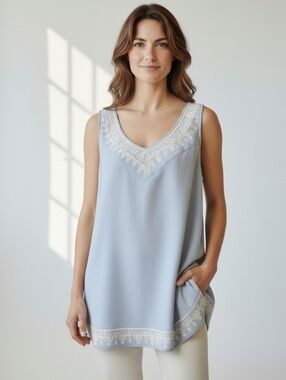 J Jill Embroidered Blue And Ivory Sleeveless Top  S